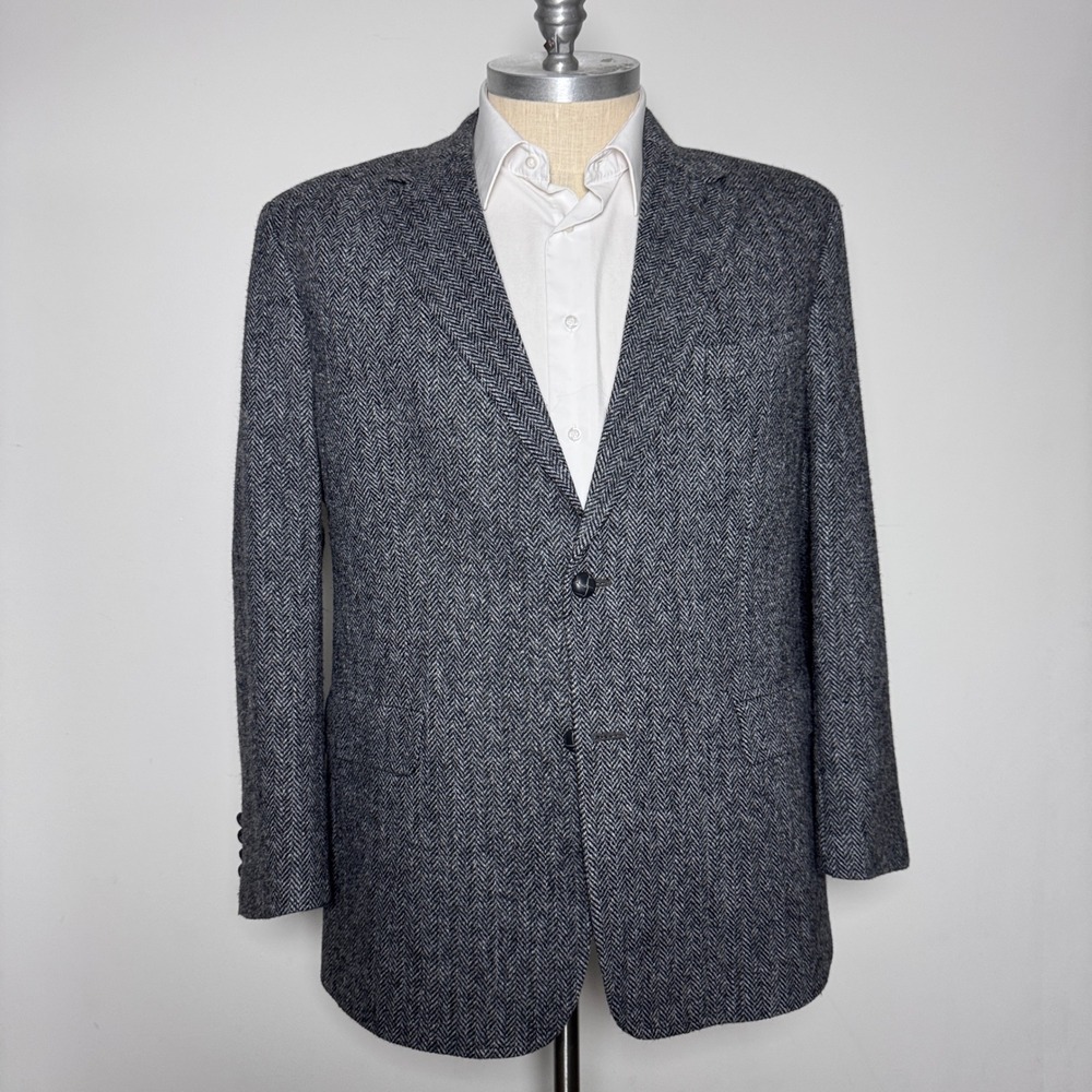 Jos.‎ A. Bank Harris Tweed Blazer Mens 46R Gray Herringbone Wool Sport Coat